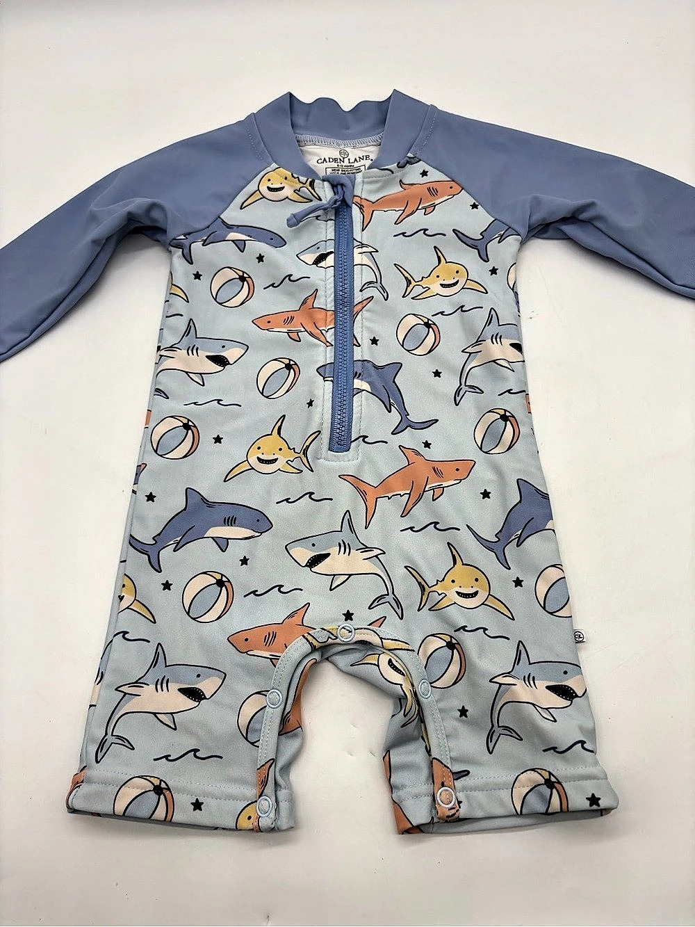 Caden Lane Shark Print Long Sleeve Zip Rash Guard Swimsuit Blue & Orange Baby